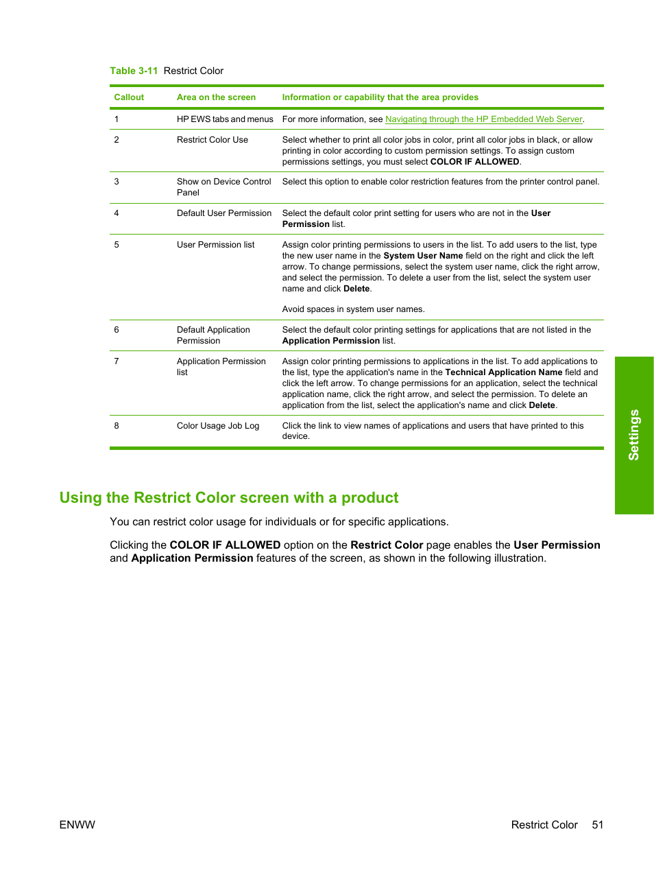 Using the restrict color screen with a product, Table 3-11 restrict color, Settings | HP Color LaserJet CP3505 Printer series User Manual | Page 59 / 72