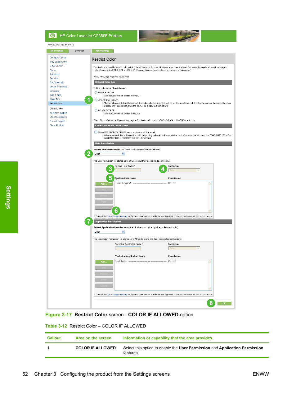 Table 3-12 restrict color – color if allowed, Settings | HP Color LaserJet CP3505 Printer series User Manual | Page 60 / 72