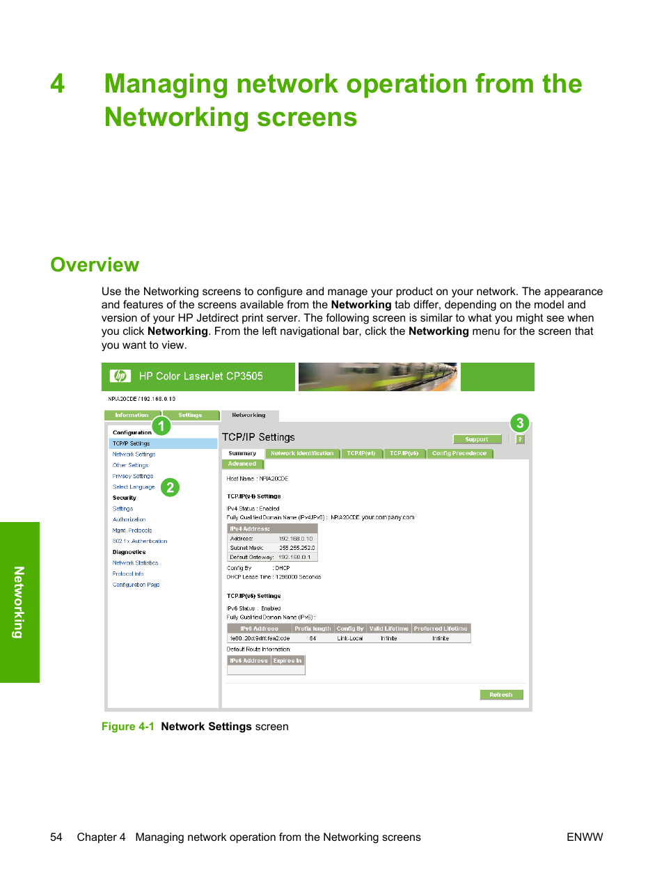 Overview, Figure 4-1 network settings screen, Managing network operation from | The networking screens, Managing network operation, From the networking screens | HP Color LaserJet CP3505 Printer series User Manual | Page 62 / 72