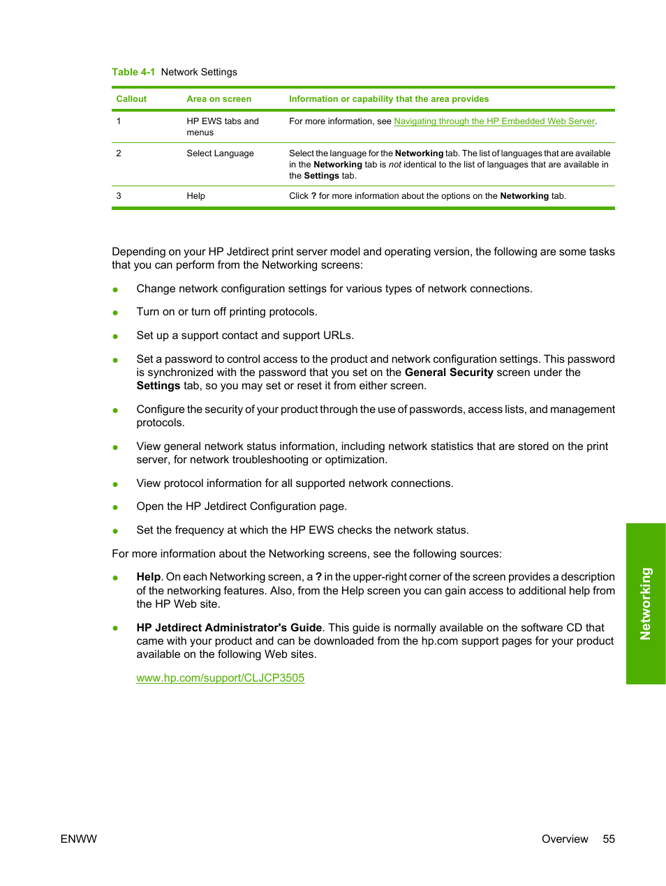 Table 4-1 network settings, Netw ork ing | HP Color LaserJet CP3505 Printer series User Manual | Page 63 / 72