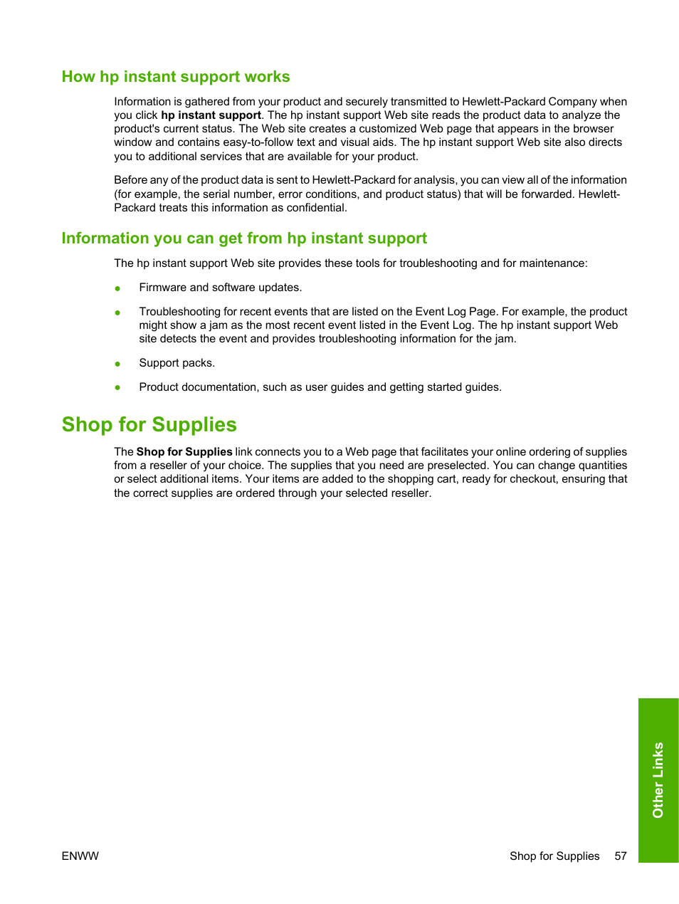 How hp instant support works, Information you can get from hp instant support, Shop for supplies | HP Color LaserJet CP3505 Printer series User Manual | Page 65 / 72