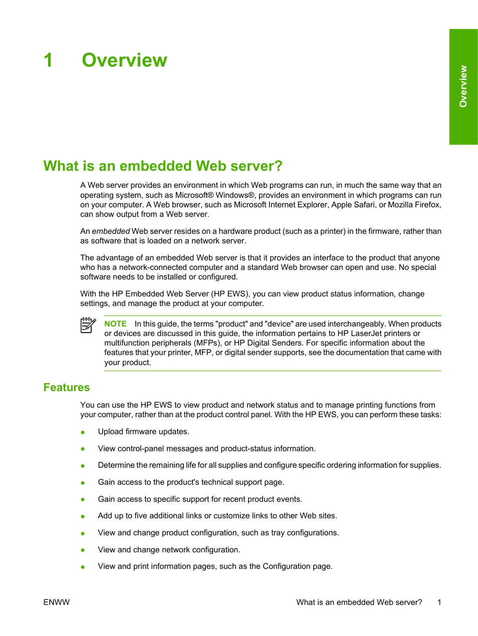 Overview, What is an embedded web server, Features | 1 overview, 1overview | HP Color LaserJet CP3505 Printer series User Manual | Page 9 / 72