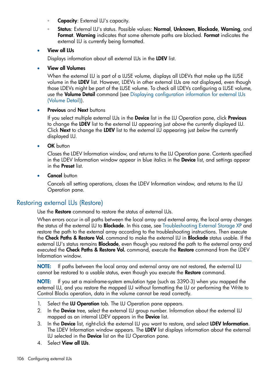 Restoring external lus (restore) | HP StorageWorks XP Remote Web Console Software User Manual | Page 106 / 169