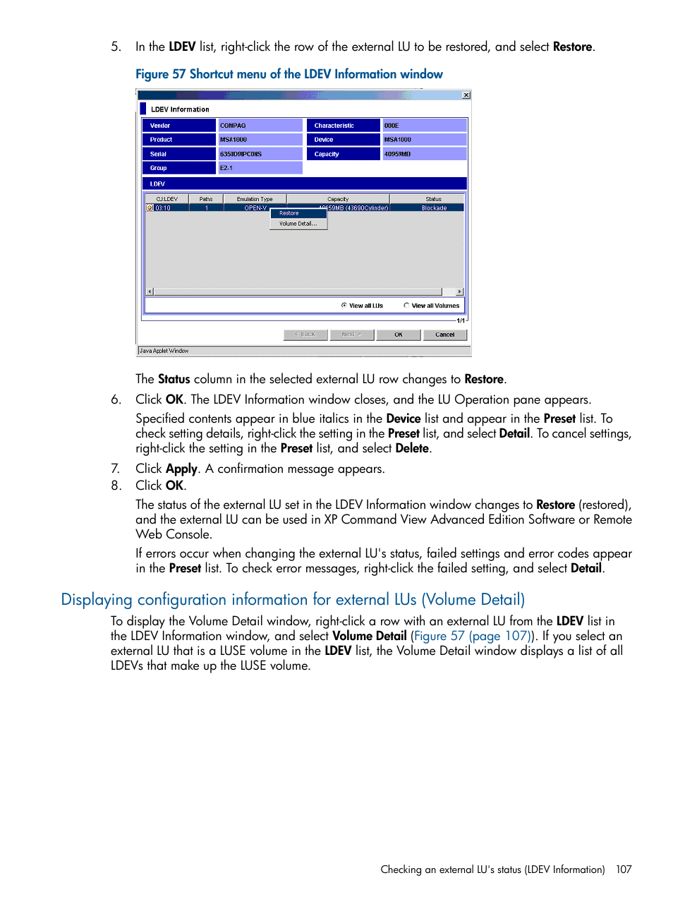 Volume detail) | HP StorageWorks XP Remote Web Console Software User Manual | Page 107 / 169