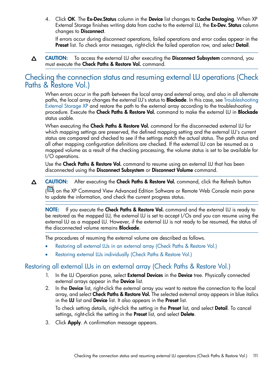 Check paths & restore vol.), Checking the connection, Checking the connection status | HP StorageWorks XP Remote Web Console Software User Manual | Page 111 / 169