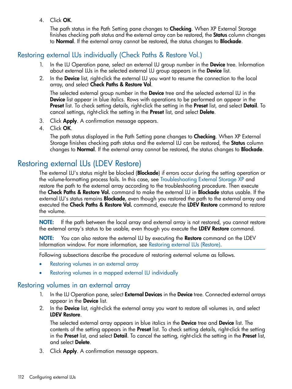 Restoring external lus (ldev restore), Restoring volumes in an external array | HP StorageWorks XP Remote Web Console Software User Manual | Page 112 / 169