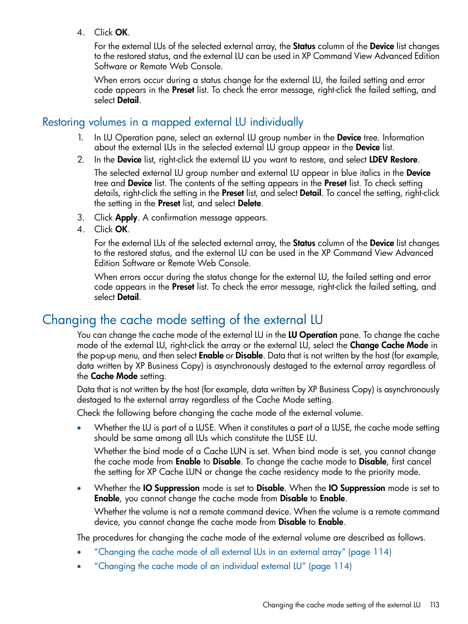 Changing the cache mode setting of the external lu | HP StorageWorks XP Remote Web Console Software User Manual | Page 113 / 169