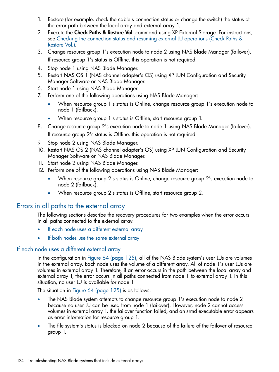 Errors in all paths to the external array, If each node uses a different external array | HP StorageWorks XP Remote Web Console Software User Manual | Page 124 / 169