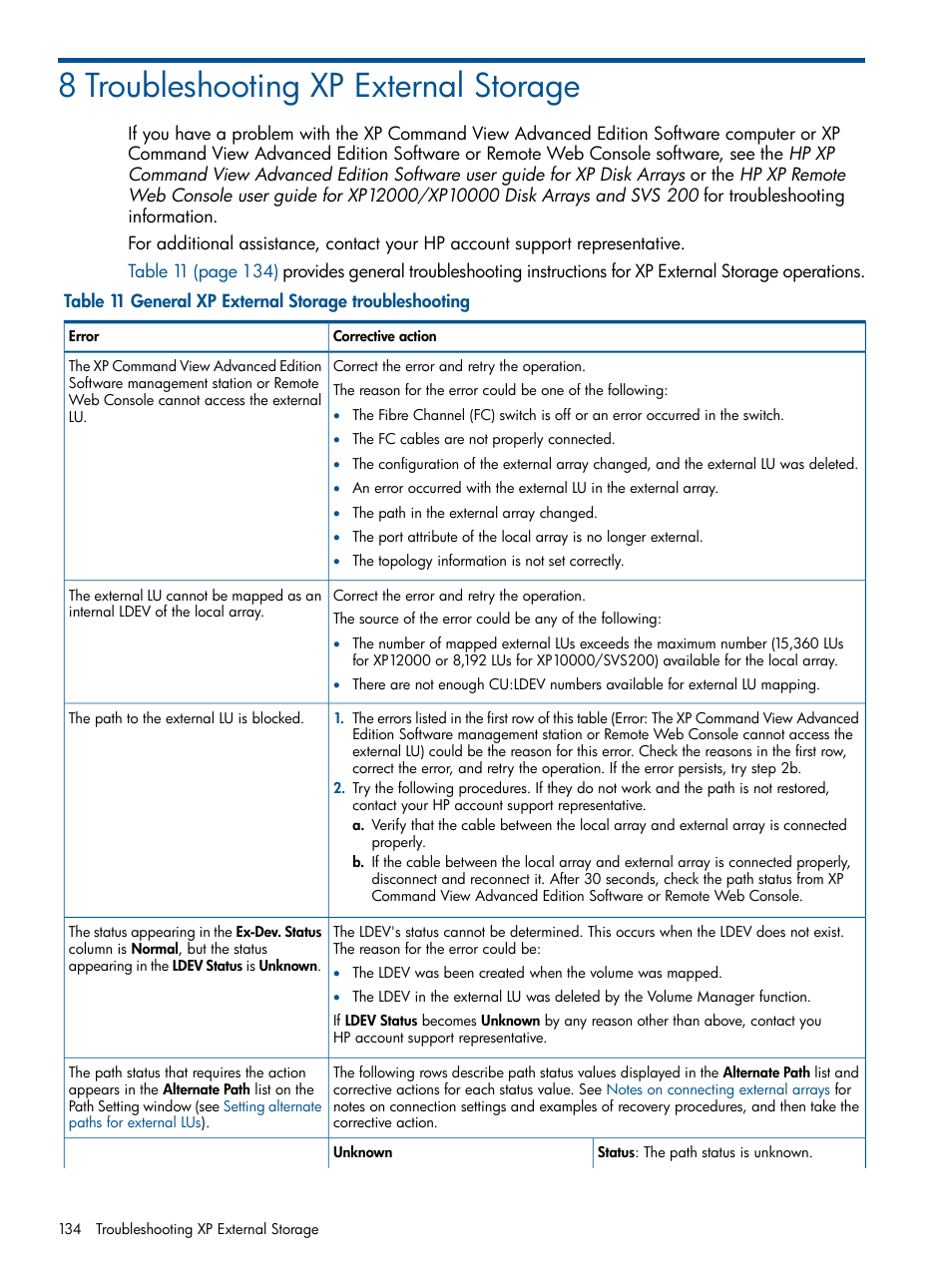 8 troubleshooting xp external storage, Troubleshooting external storage xp, Troubleshooting | External storage xp | HP StorageWorks XP Remote Web Console Software User Manual | Page 134 / 169