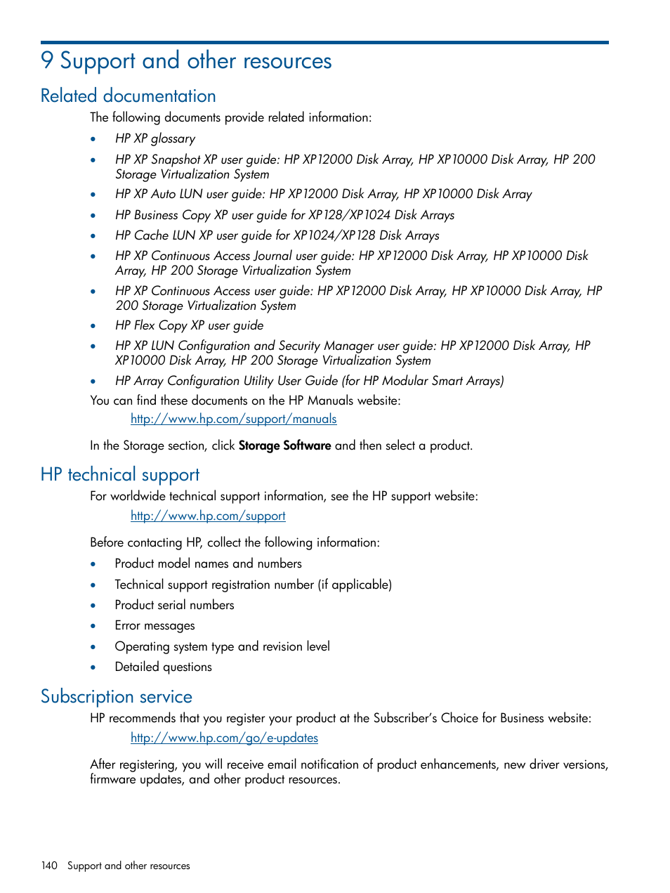 9 support and other resources, Related documentation, Hp technical support | Subscription service | HP StorageWorks XP Remote Web Console Software User Manual | Page 140 / 169