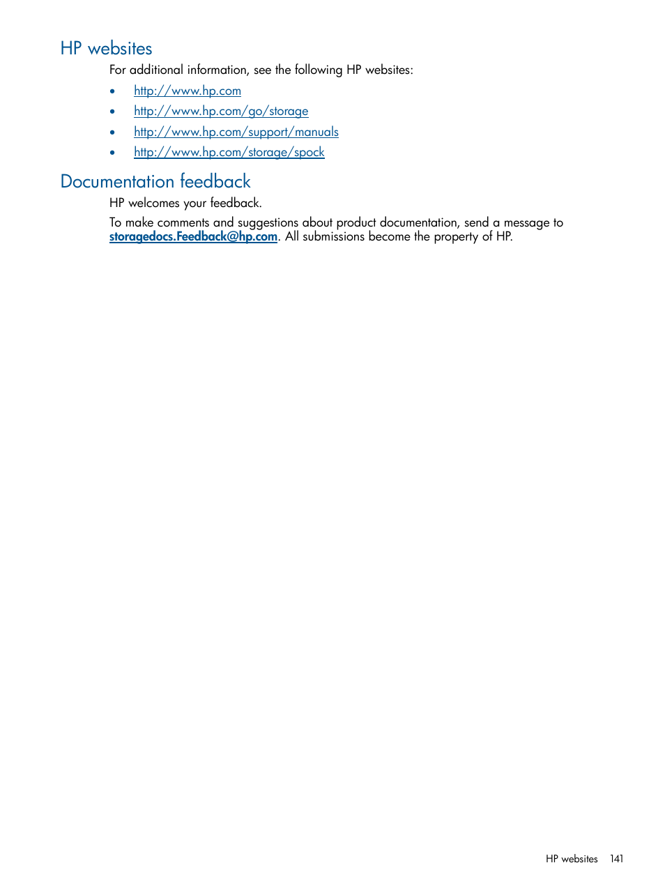 Hp websites, Documentation feedback, Hp websites documentation feedback | HP StorageWorks XP Remote Web Console Software User Manual | Page 141 / 169