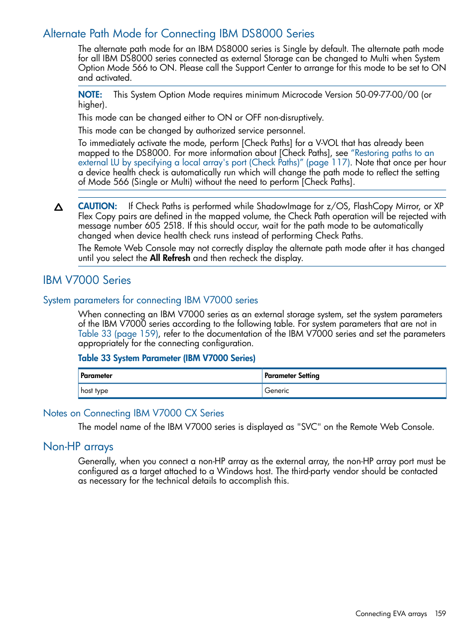 Ibm v7000 series, System parameters for connecting ibm v7000 series, Notes on connecting ibm v7000 cx series | Non-hp arrays | HP StorageWorks XP Remote Web Console Software User Manual | Page 159 / 169