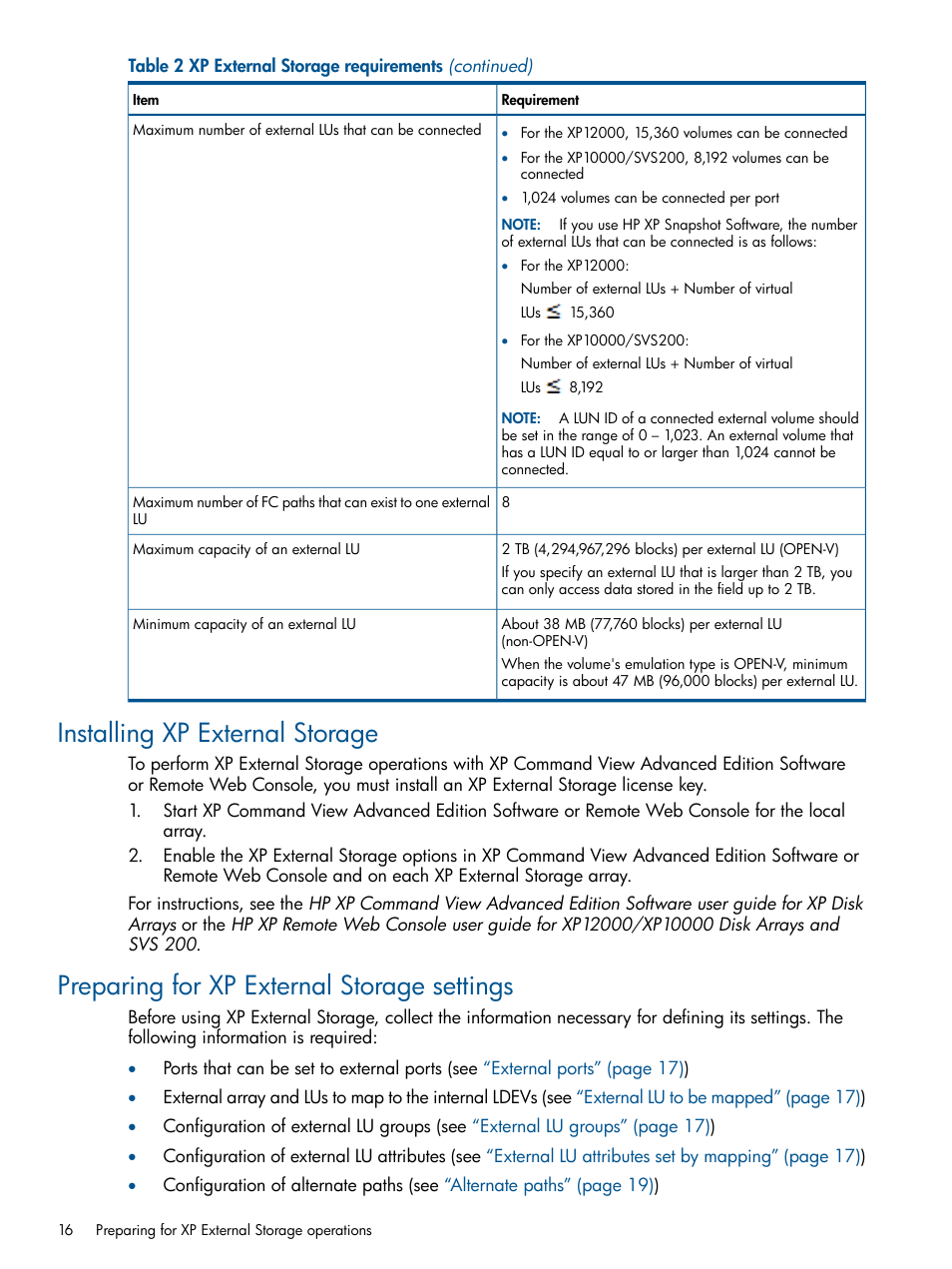 Installing xp external storage, Preparing for xp external storage settings, Installing external storage xp | Preparing for external storage xp settings | HP StorageWorks XP Remote Web Console Software User Manual | Page 16 / 169