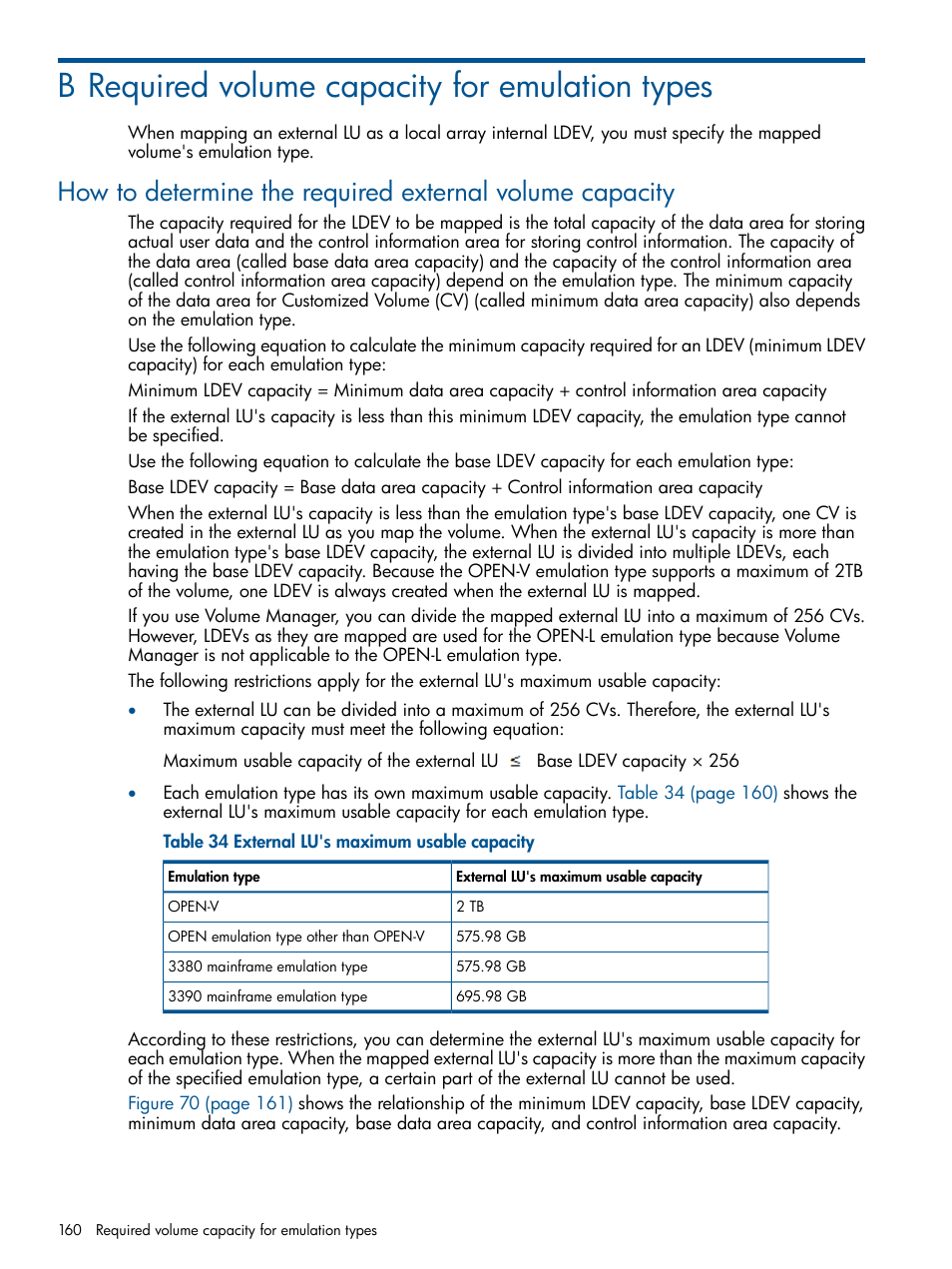 B required volume capacity for emulation types, Required volume capacity for emulation | HP StorageWorks XP Remote Web Console Software User Manual | Page 160 / 169