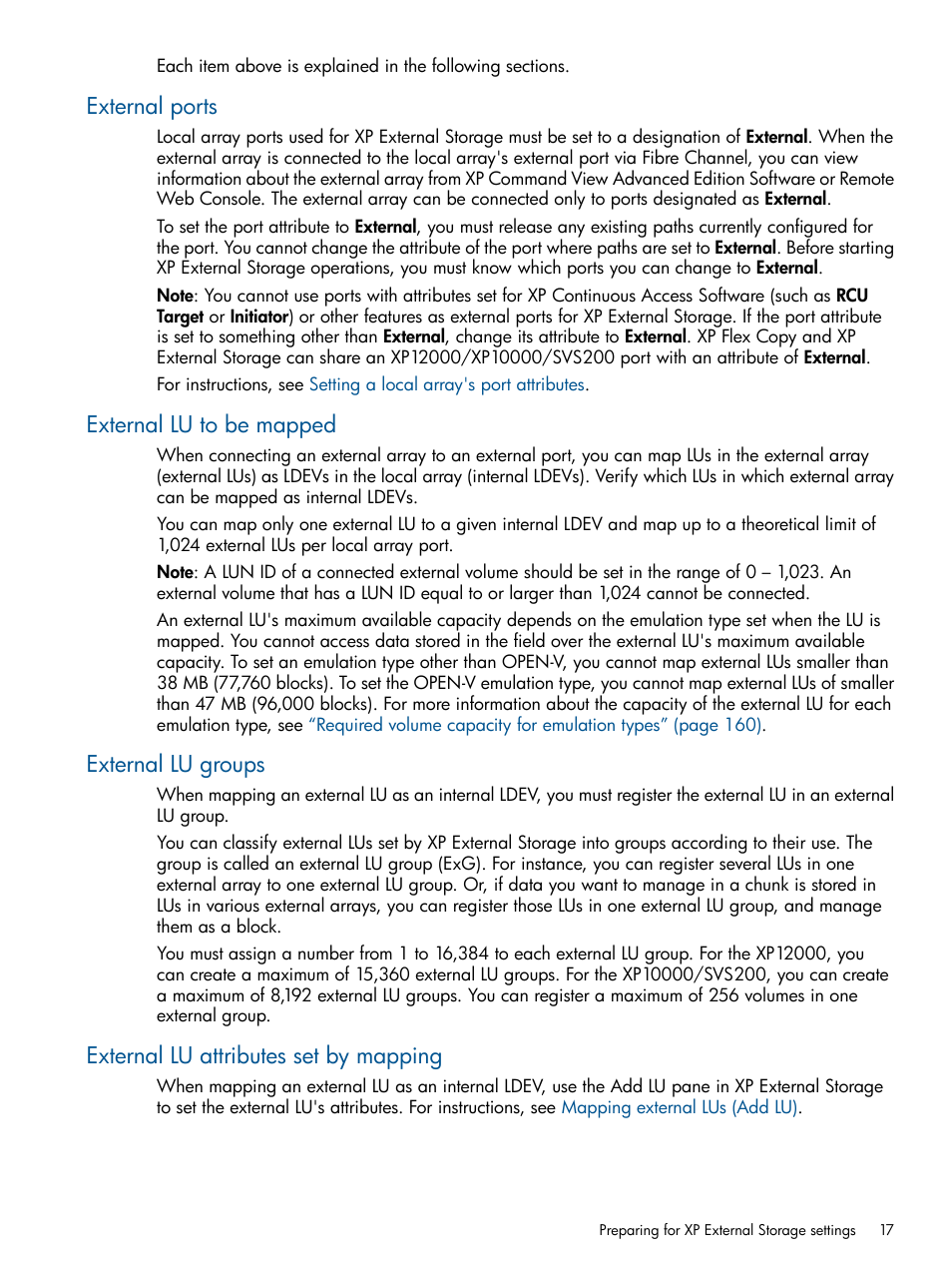 External ports, External lu to be mapped, External lu groups | External lu attributes set by mapping | HP StorageWorks XP Remote Web Console Software User Manual | Page 17 / 169