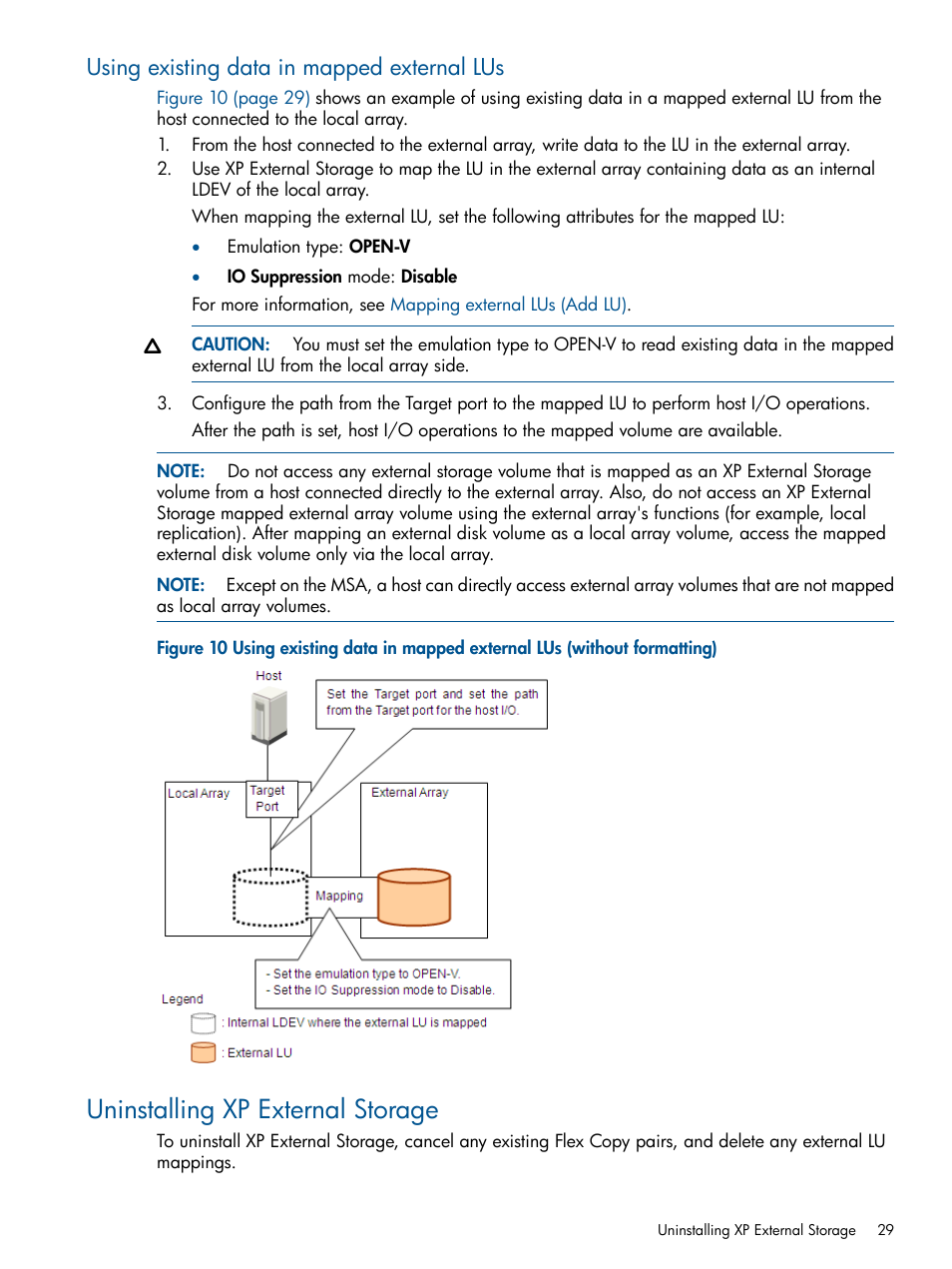 Using existing data in mapped external lus, Uninstalling xp external storage, Uninstalling external storage xp | HP StorageWorks XP Remote Web Console Software User Manual | Page 29 / 169