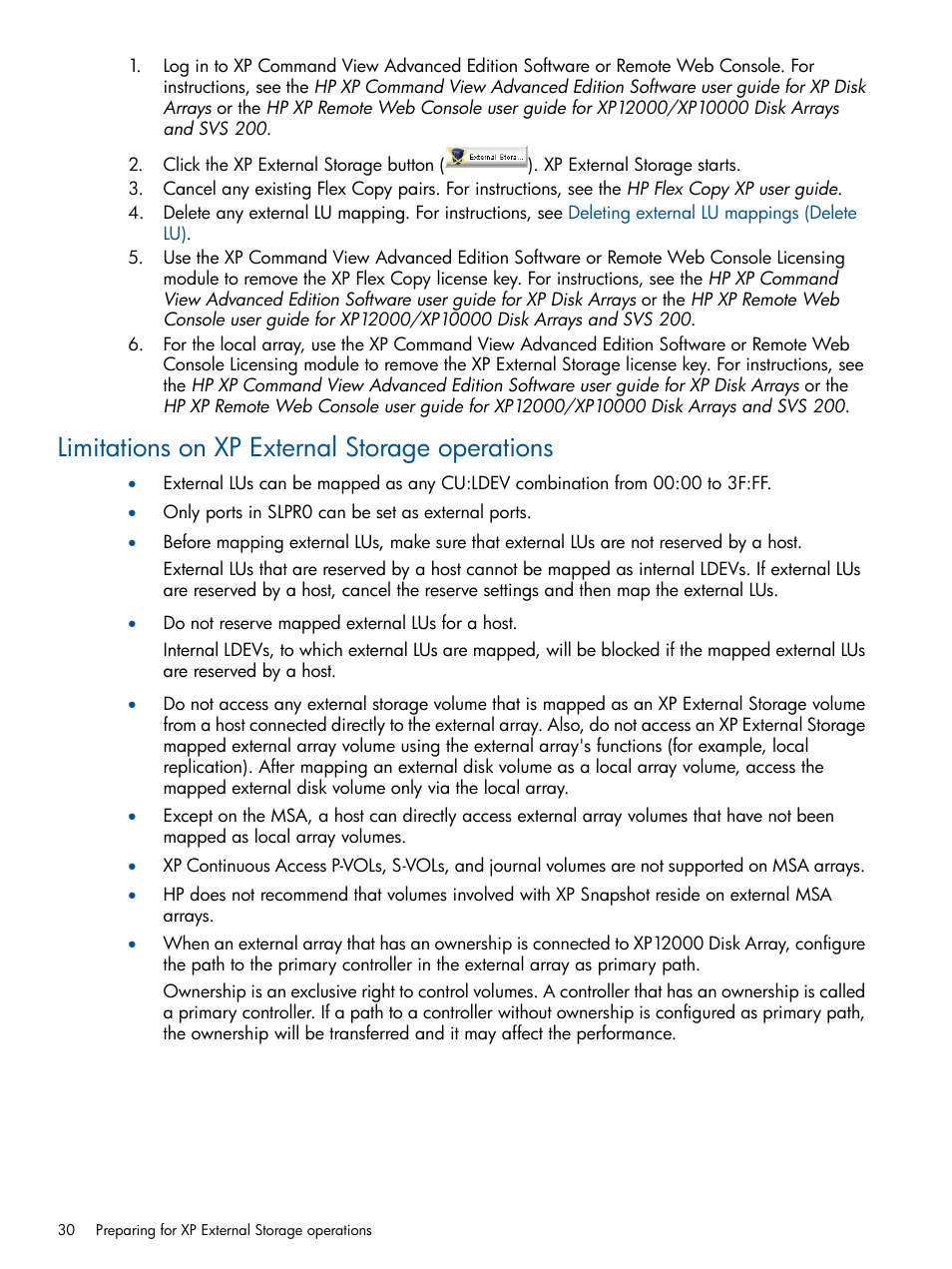 Limitations on xp external storage operations, Limitations on external storage xp operations | HP StorageWorks XP Remote Web Console Software User Manual | Page 30 / 169