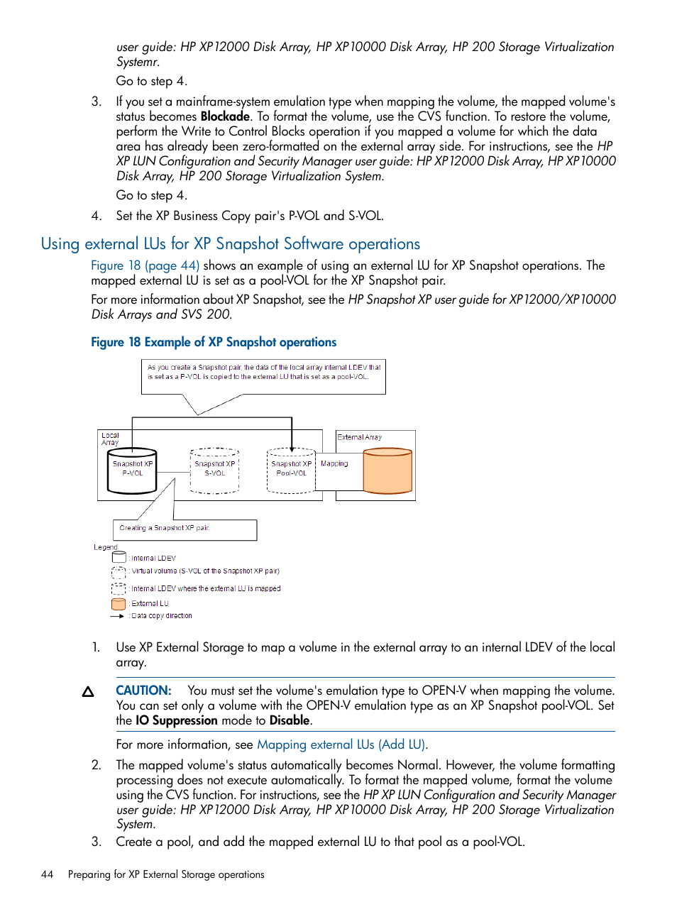 Using external lus for snapshot xp operations, Using external lus for snapshot, Xp operations | HP StorageWorks XP Remote Web Console Software User Manual | Page 44 / 169
