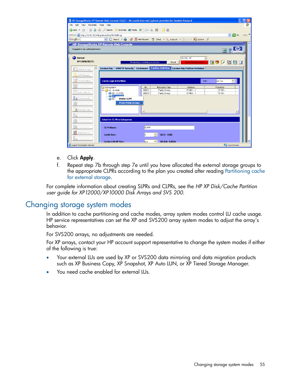 Changing storage system modes | HP StorageWorks XP Remote Web Console Software User Manual | Page 55 / 169