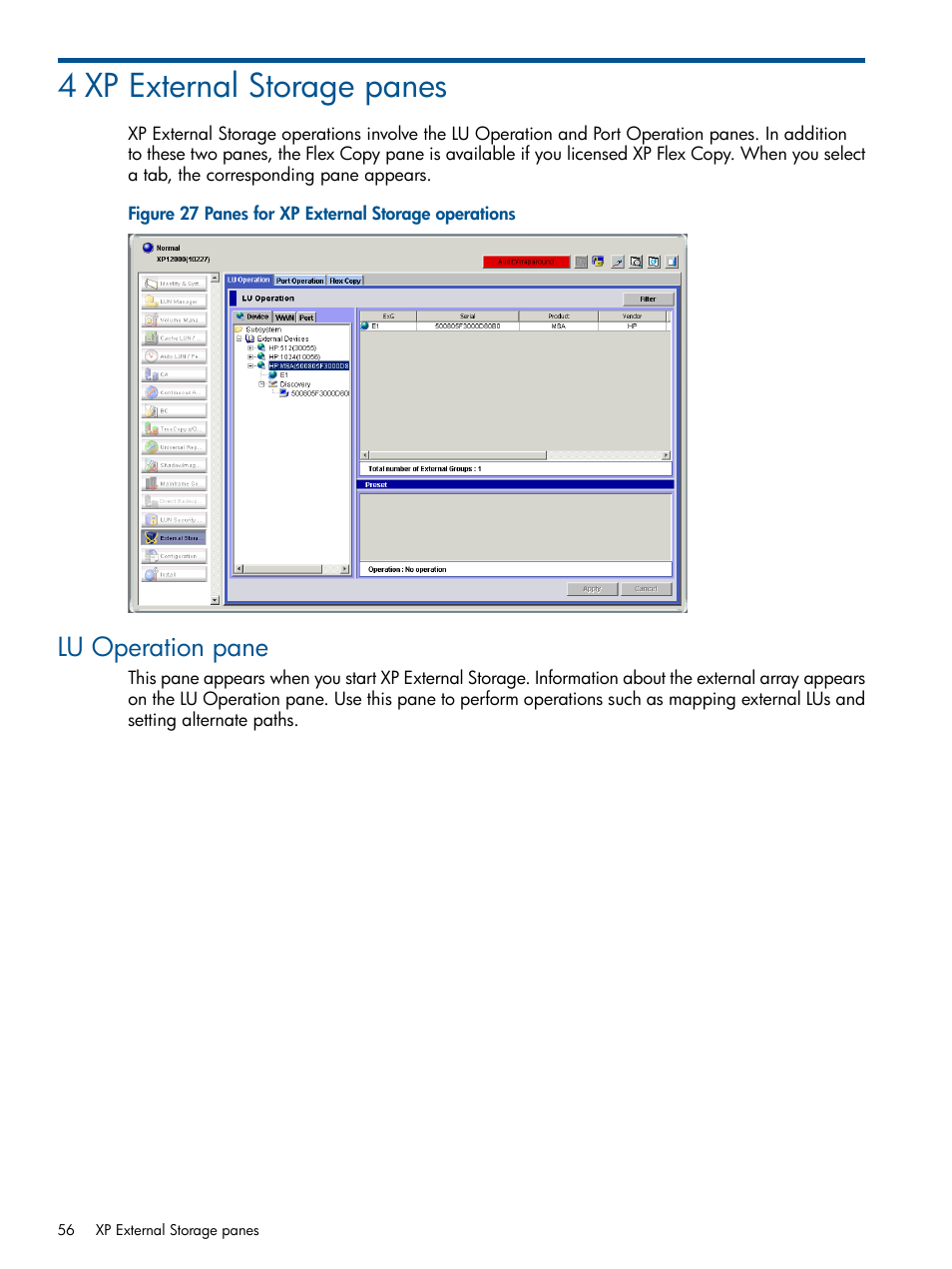 4 xp external storage panes, Lu operation pane | HP StorageWorks XP Remote Web Console Software User Manual | Page 56 / 169