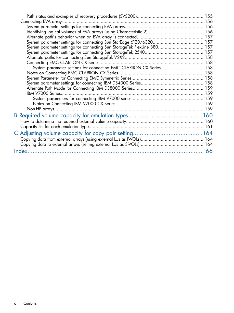 B required volume capacity for emulation types, C adjusting volume capacity for copy pair setting, Index | HP StorageWorks XP Remote Web Console Software User Manual | Page 6 / 169