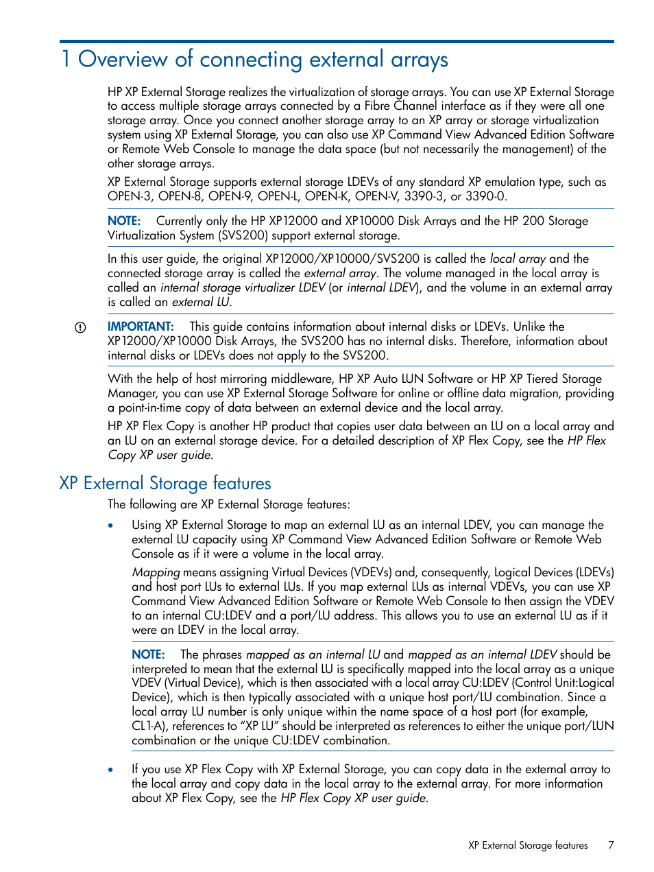 1 overview of connecting external arrays, Xp external storage features | HP StorageWorks XP Remote Web Console Software User Manual | Page 7 / 169