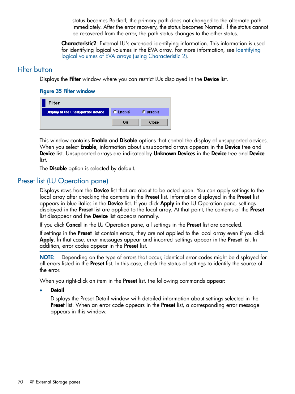 Filter button, Preset list (lu operation pane), Filter button preset list (lu operation pane) | HP StorageWorks XP Remote Web Console Software User Manual | Page 70 / 169