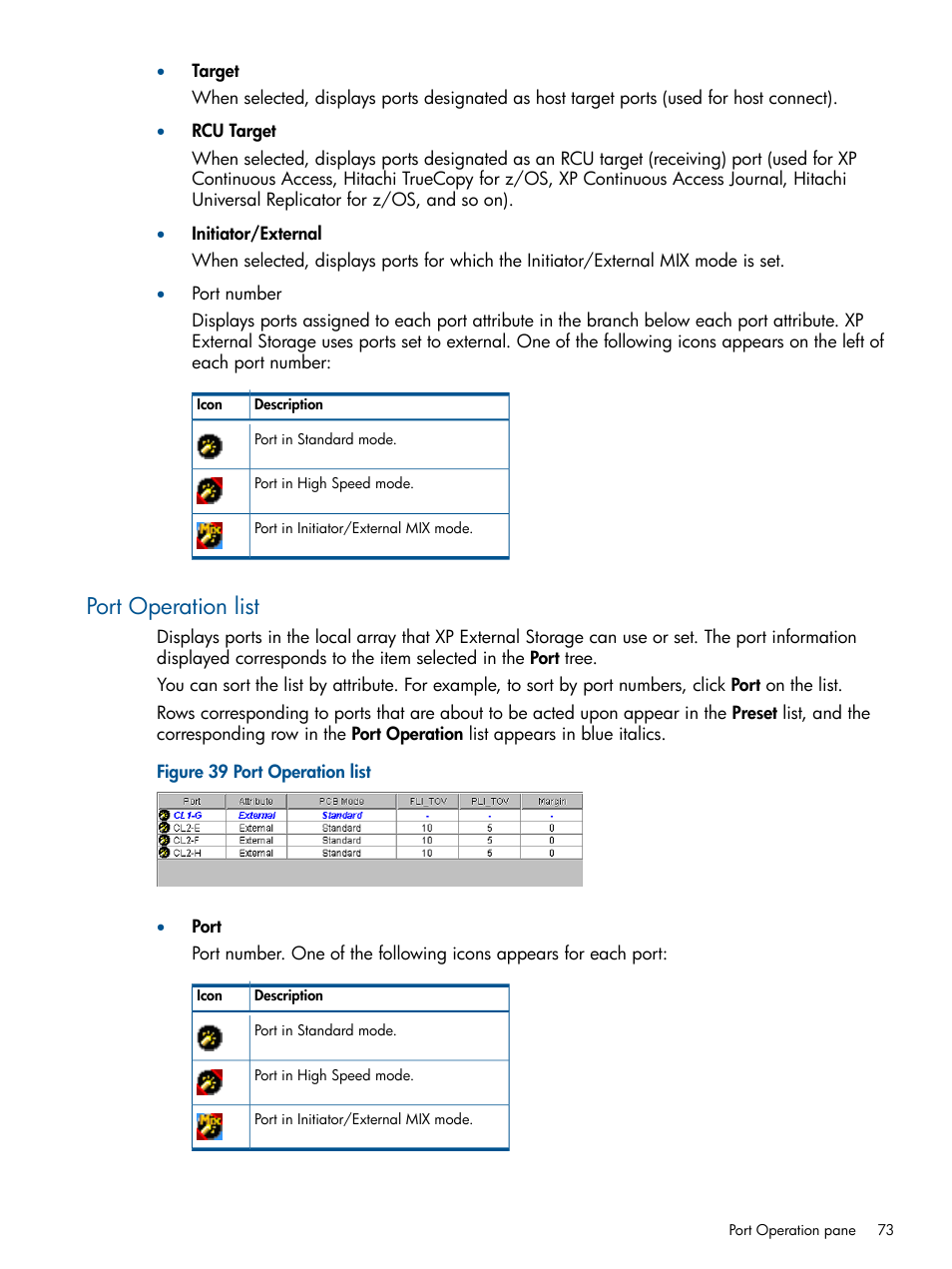 Port operation list | HP StorageWorks XP Remote Web Console Software User Manual | Page 73 / 169