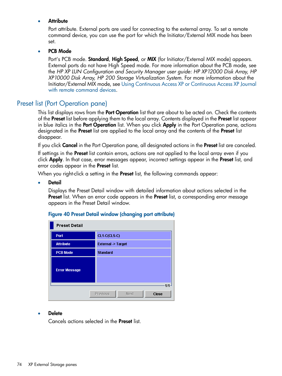 Preset list (port operation pane) | HP StorageWorks XP Remote Web Console Software User Manual | Page 74 / 169