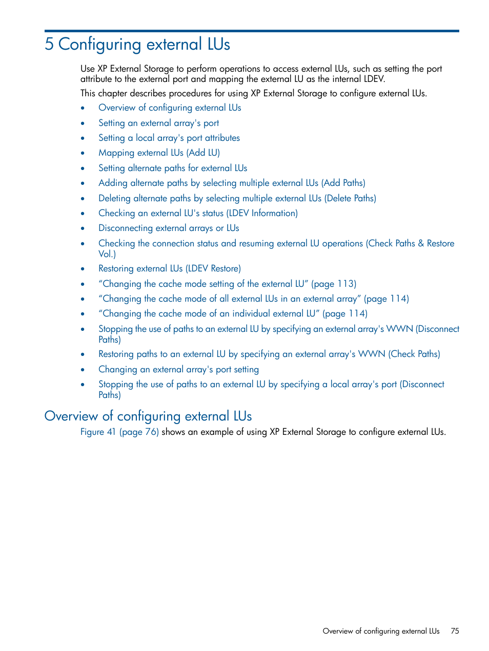 5 configuring external lus, Overview of configuring external lus | HP StorageWorks XP Remote Web Console Software User Manual | Page 75 / 169