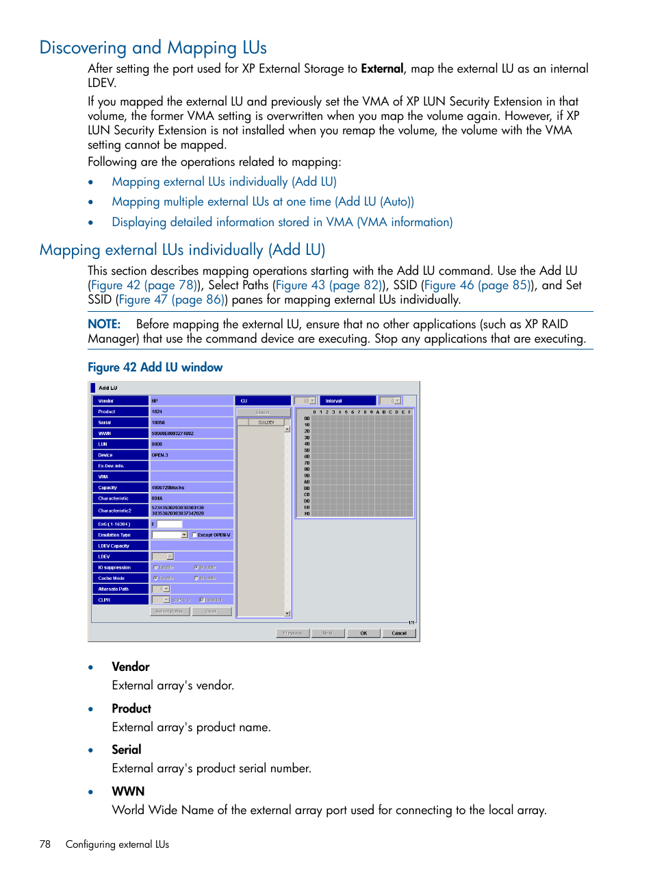 Discovering and mapping lus, Mapping external lus individually (add lu), Mapping external lus (add lu) | Mapping, External lus (add lu) | HP StorageWorks XP Remote Web Console Software User Manual | Page 78 / 169