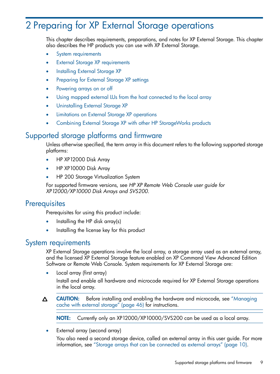 2 preparing for xp external storage operations, Supported storage platforms and firmware, Prerequisites | System requirements | HP StorageWorks XP Remote Web Console Software User Manual | Page 9 / 169