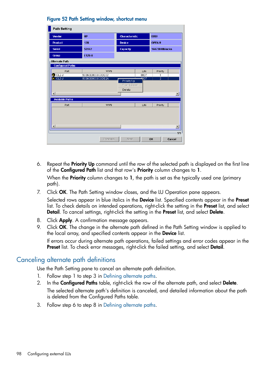 Canceling alternate path definitions | HP StorageWorks XP Remote Web Console Software User Manual | Page 98 / 169