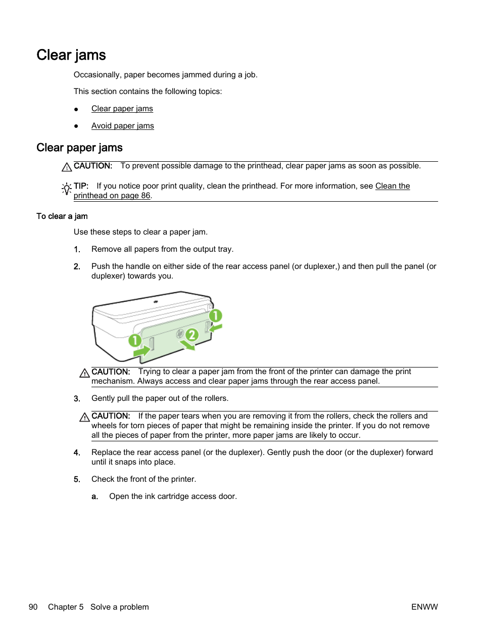 Clear jams, Clear paper jams | HP Officejet 7110 Wide Format ePrinter - H812a User Manual | Page 103 / 213
