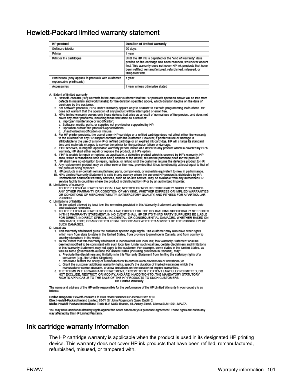 Hewlett-packard limited warranty statement, Ink cartridge warranty information | HP Officejet 7110 Wide Format ePrinter - H812a User Manual | Page 114 / 213