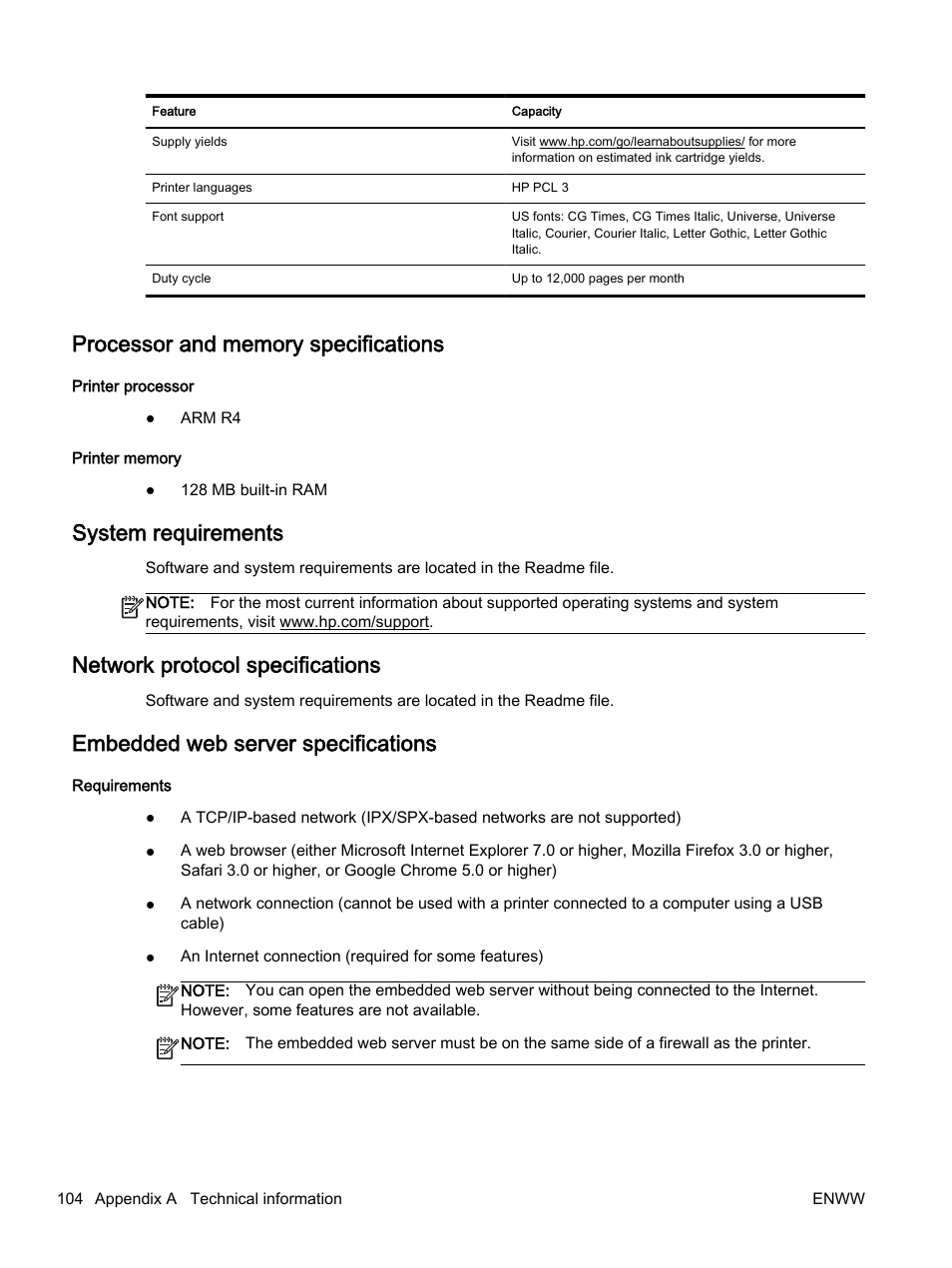 Processor and memory specifications, System requirements, Network protocol specifications | Embedded web server specifications | HP Officejet 7110 Wide Format ePrinter - H812a User Manual | Page 117 / 213