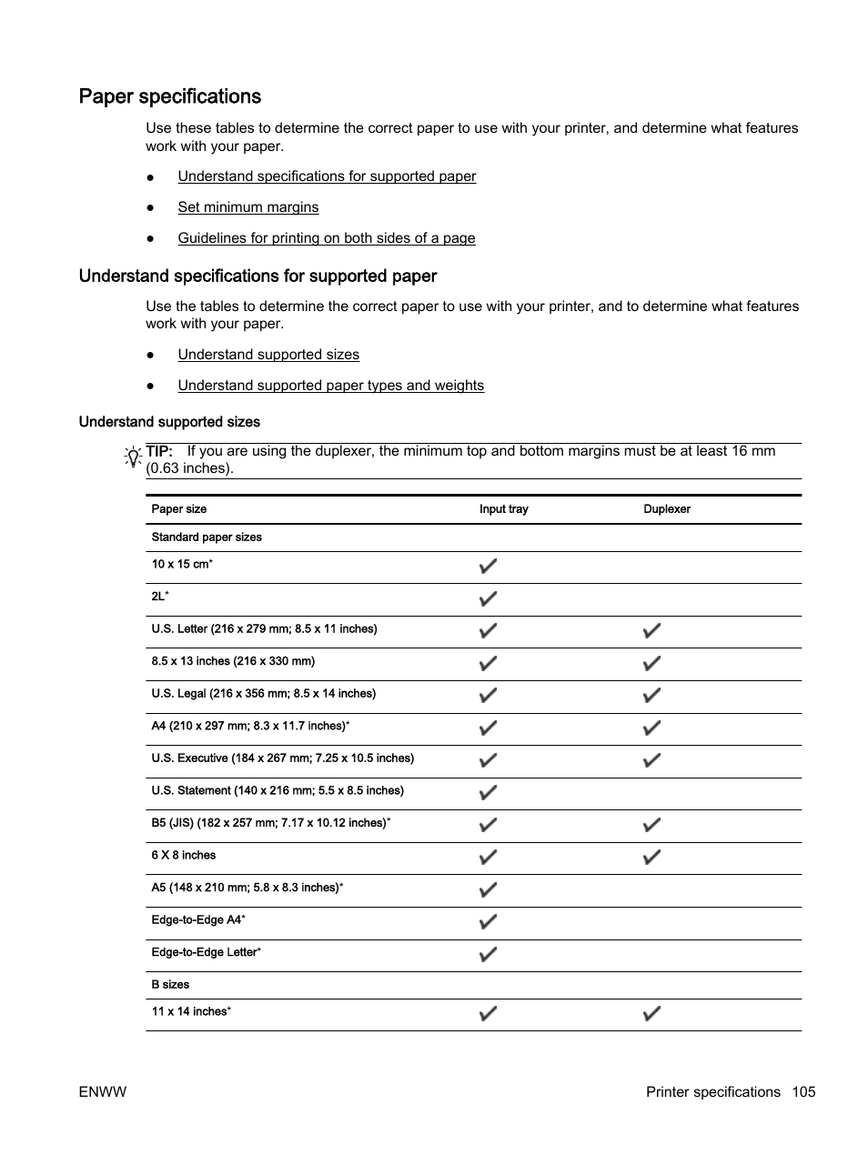 Paper specifications, Understand specifications for supported paper, Understand supported sizes | Paper, See paper | HP Officejet 7110 Wide Format ePrinter - H812a User Manual | Page 118 / 213