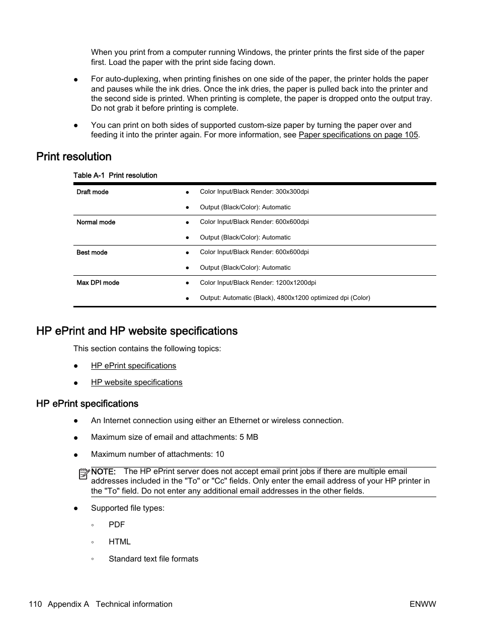 Print resolution, Hp eprint and hp website specifications, Hp eprint specifications | HP Officejet 7110 Wide Format ePrinter - H812a User Manual | Page 123 / 213