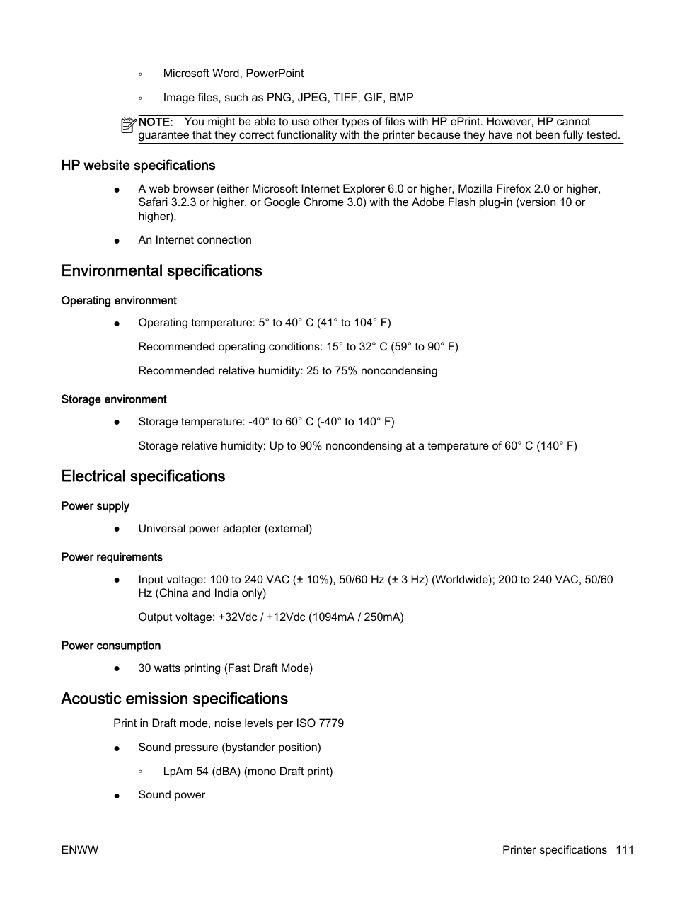 Hp website specifications, Environmental specifications, Electrical specifications | Acoustic emission specifications | HP Officejet 7110 Wide Format ePrinter - H812a User Manual | Page 124 / 213