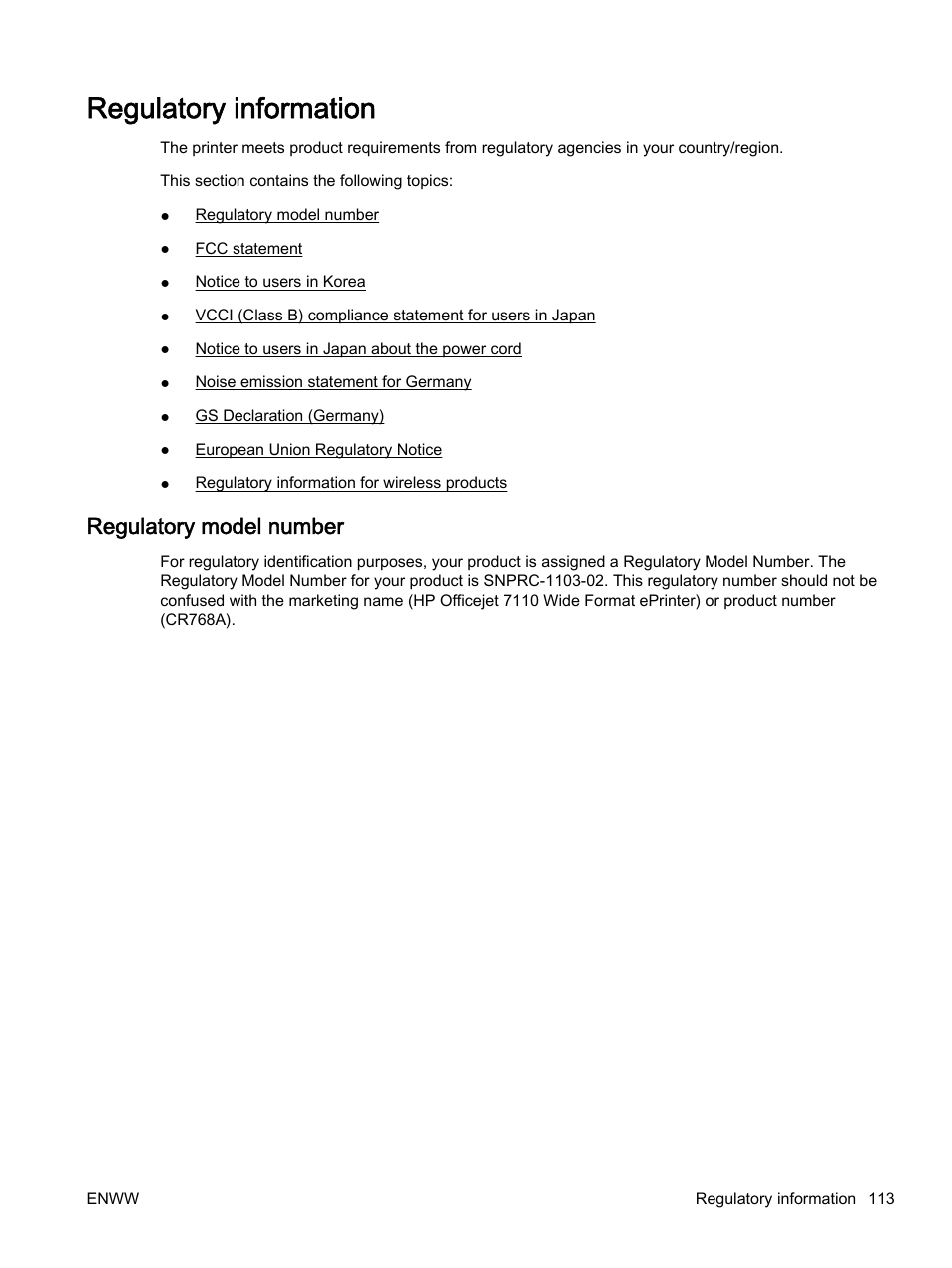 Regulatory information, Regulatory model number | HP Officejet 7110 Wide Format ePrinter - H812a User Manual | Page 126 / 213