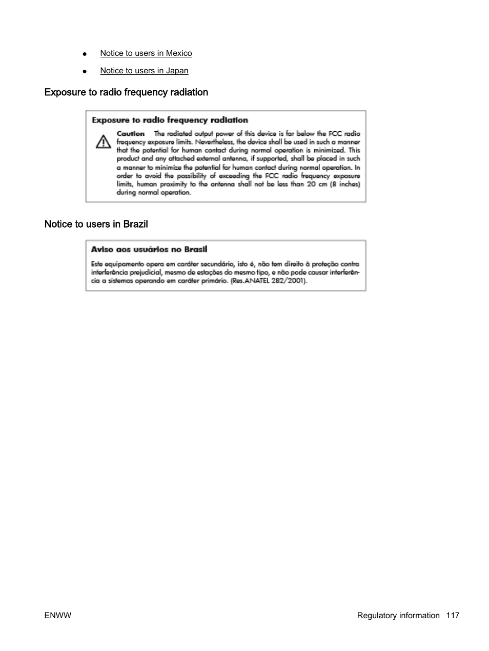Exposure to radio frequency radiation, Notice to users in brazil | HP Officejet 7110 Wide Format ePrinter - H812a User Manual | Page 130 / 213