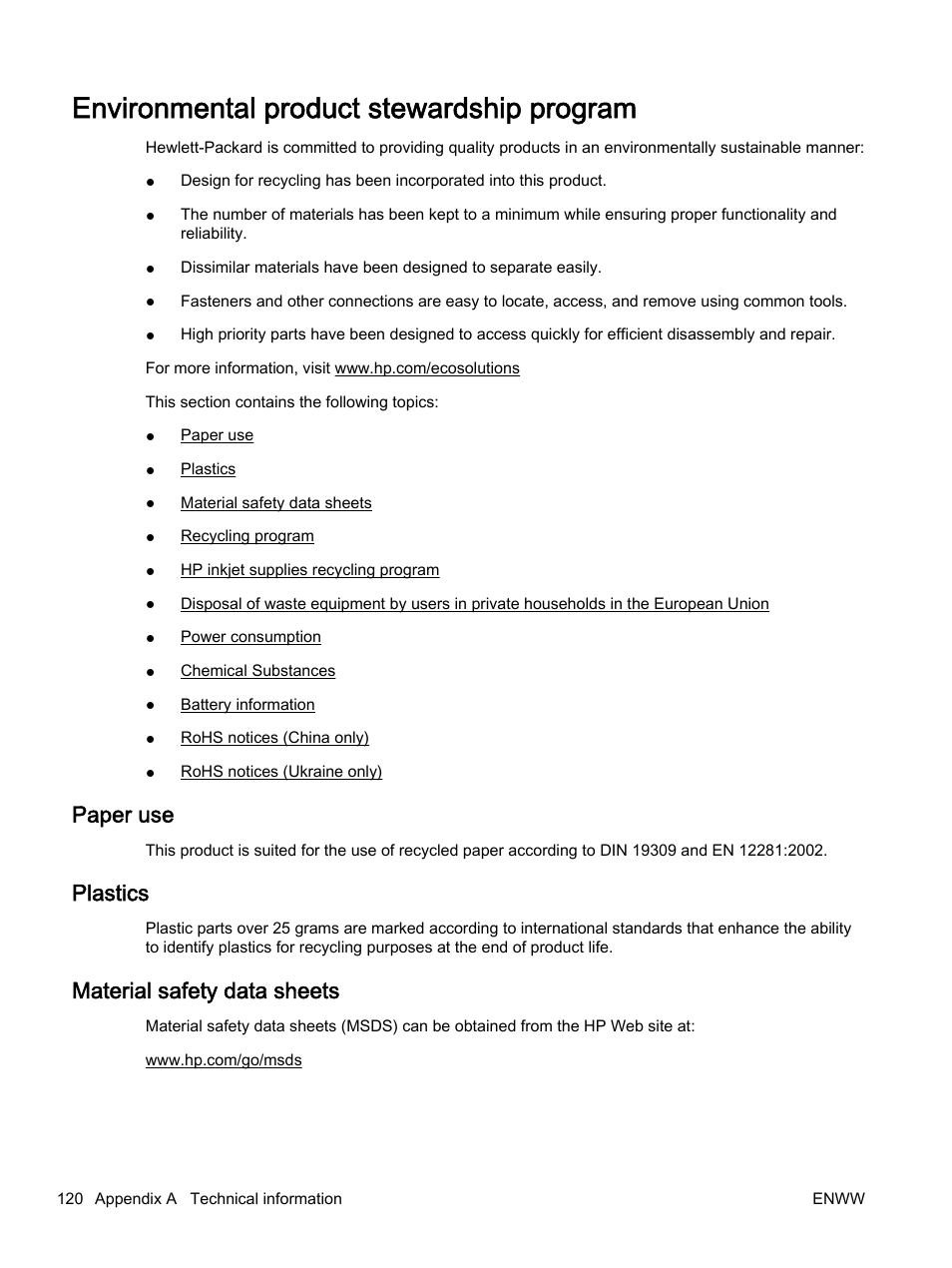 Environmental product stewardship program, Paper use, Plastics | Material safety data sheets, Paper use plastics material safety data sheets | HP Officejet 7110 Wide Format ePrinter - H812a User Manual | Page 133 / 213