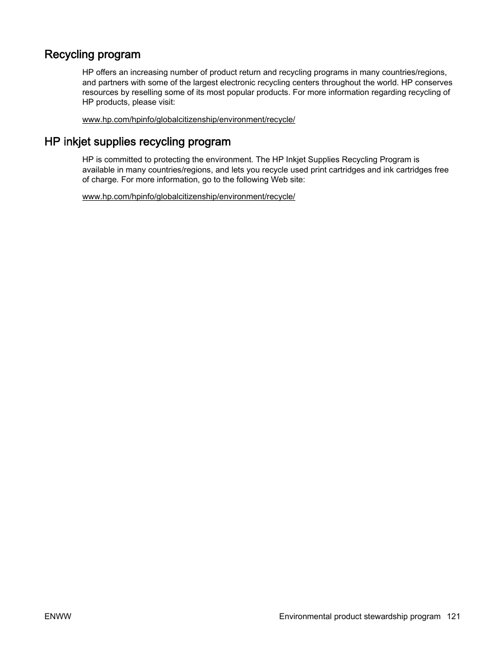 Recycling program, Hp inkjet supplies recycling program | HP Officejet 7110 Wide Format ePrinter - H812a User Manual | Page 134 / 213