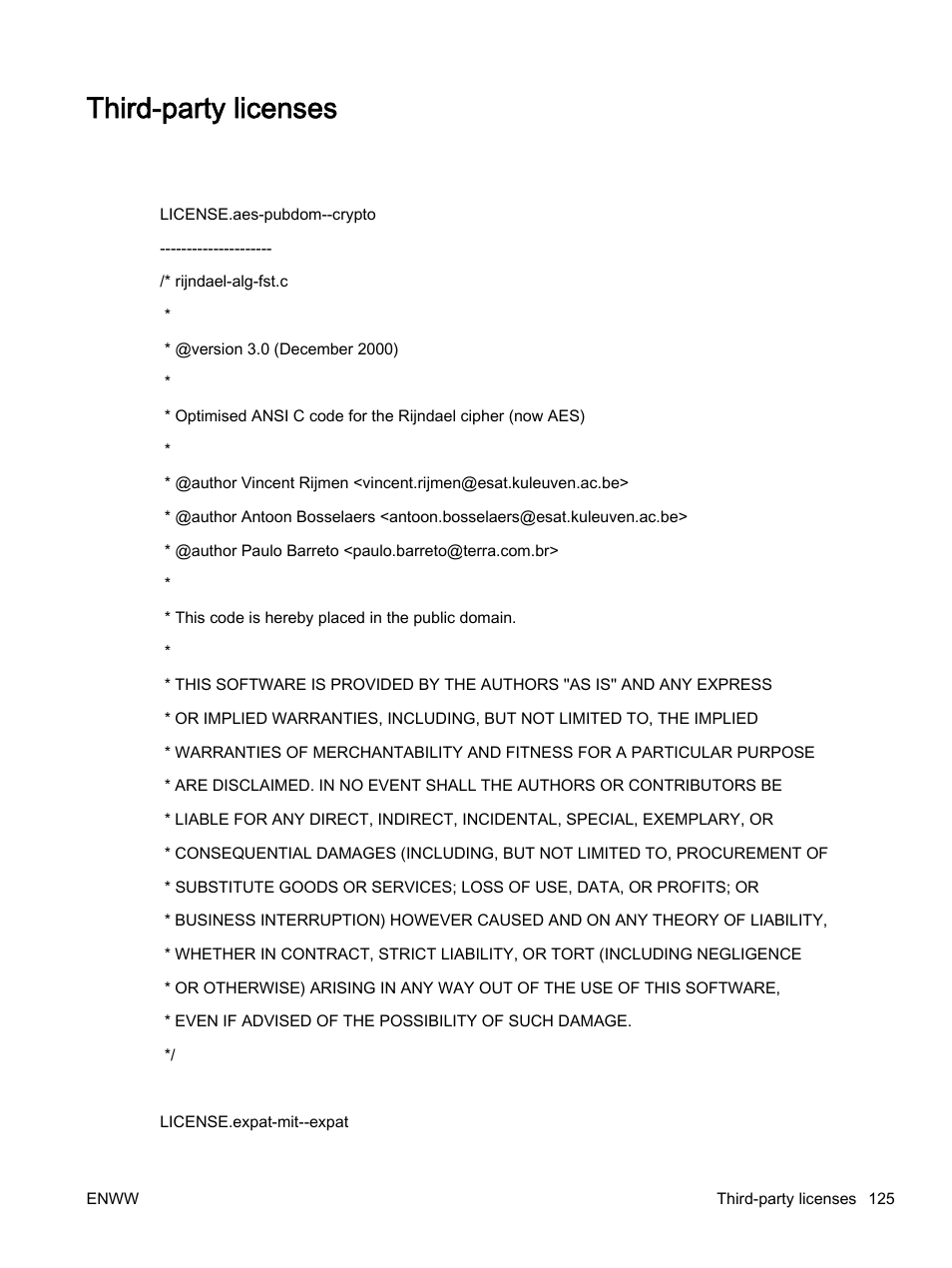 Third-party licenses | HP Officejet 7110 Wide Format ePrinter - H812a User Manual | Page 138 / 213