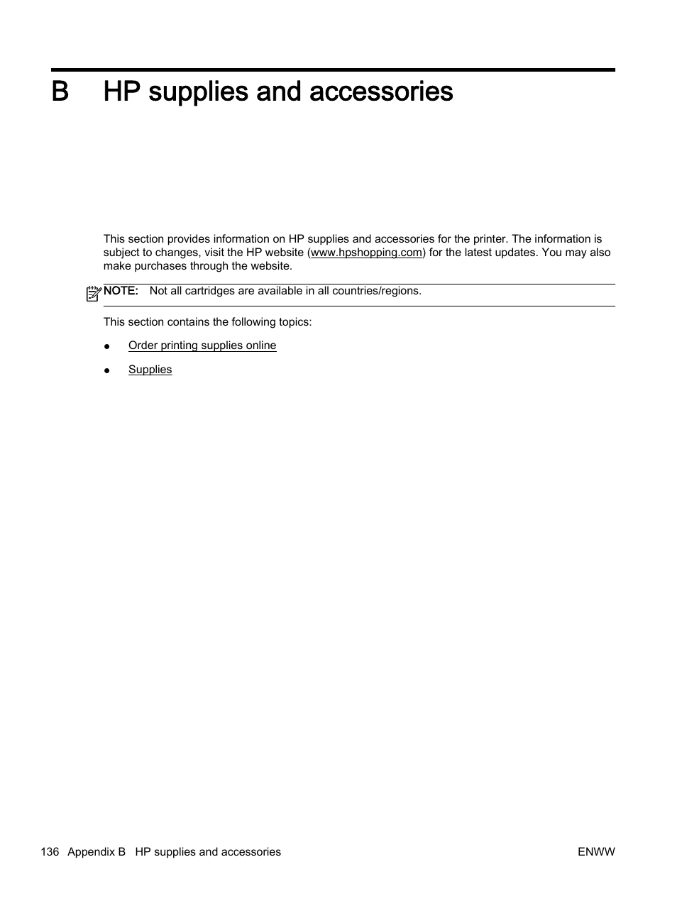 Hp supplies and accessories, Appendix b hp supplies and accessories, B hp supplies and accessories | HP Officejet 7110 Wide Format ePrinter - H812a User Manual | Page 149 / 213