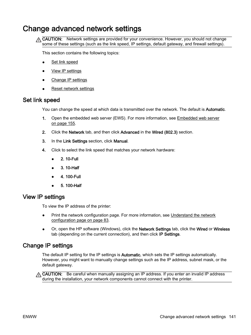 Change advanced network settings, Set link speed, View ip settings | Change ip settings, Set link speed view ip settings change ip settings | HP Officejet 7110 Wide Format ePrinter - H812a User Manual | Page 154 / 213