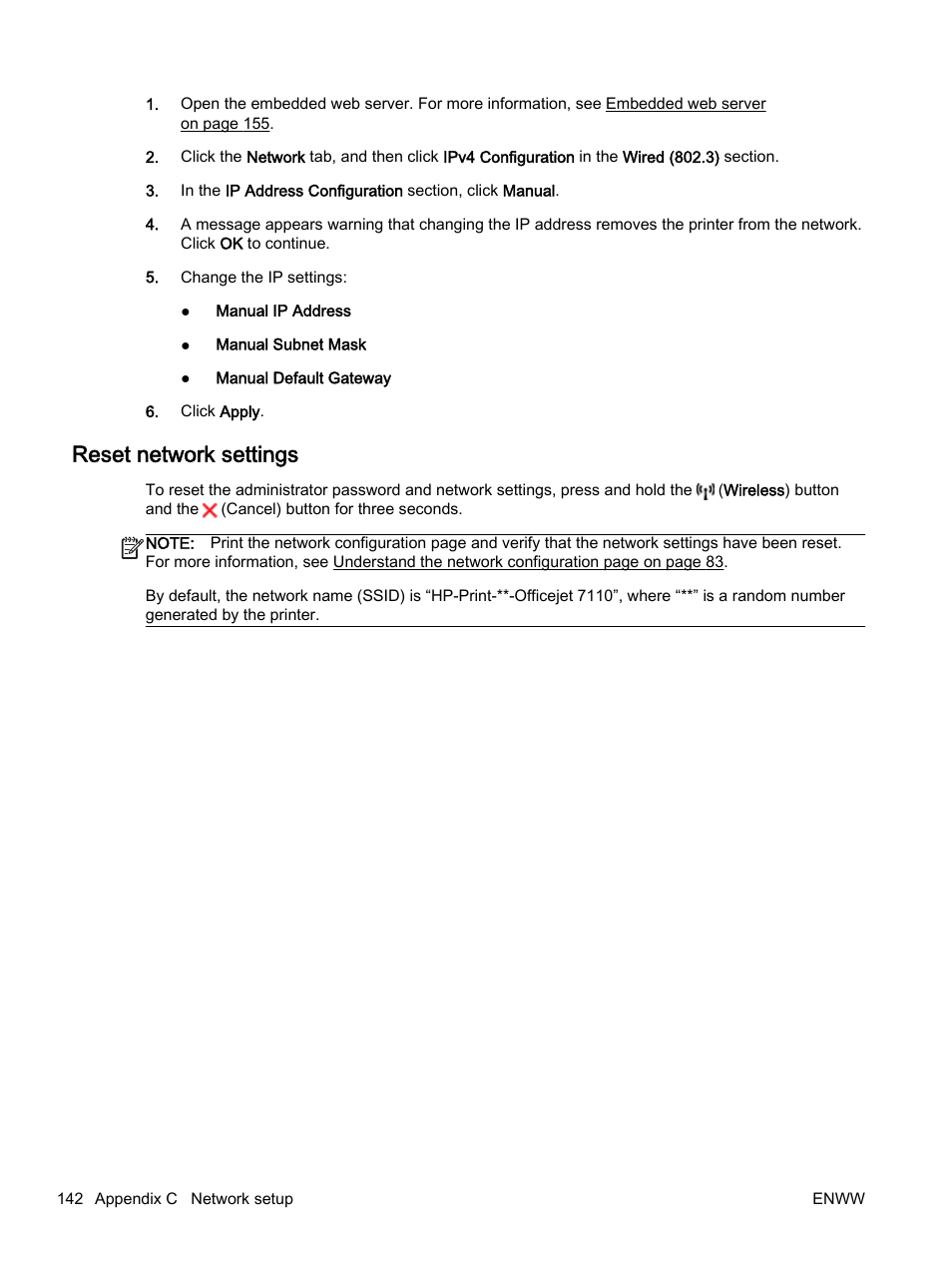 Reset network settings | HP Officejet 7110 Wide Format ePrinter - H812a User Manual | Page 155 / 213