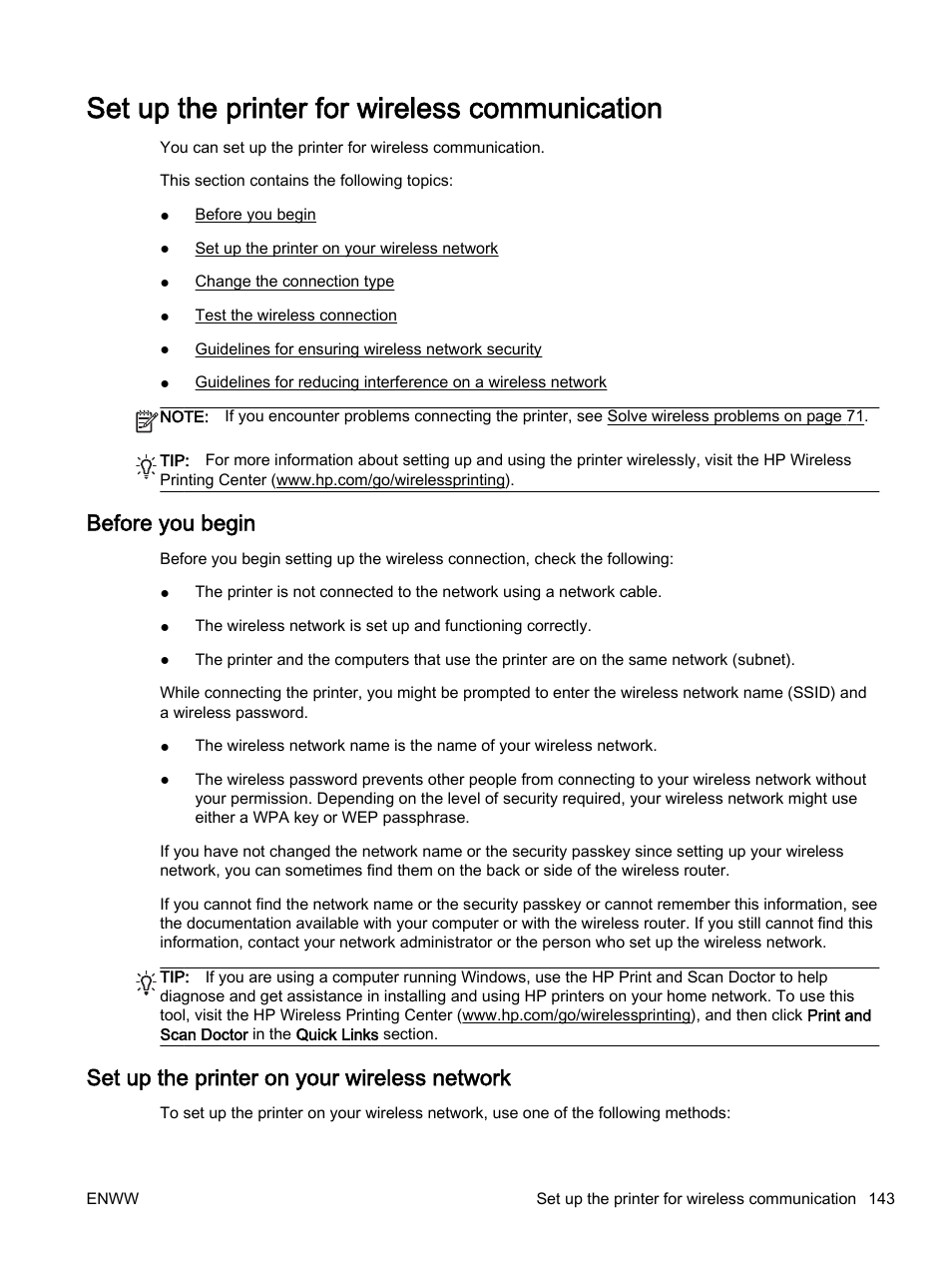 Set up the printer for wireless communication, Before you begin, Set up the printer on your wireless network | HP Officejet 7110 Wide Format ePrinter - H812a User Manual | Page 156 / 213