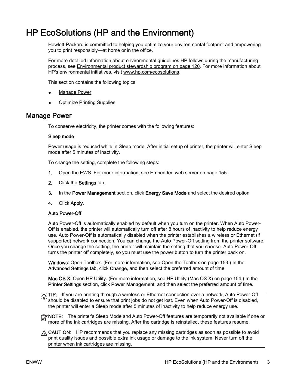 Hp ecosolutions (hp and the environment), Manage power | HP Officejet 7110 Wide Format ePrinter - H812a User Manual | Page 16 / 213