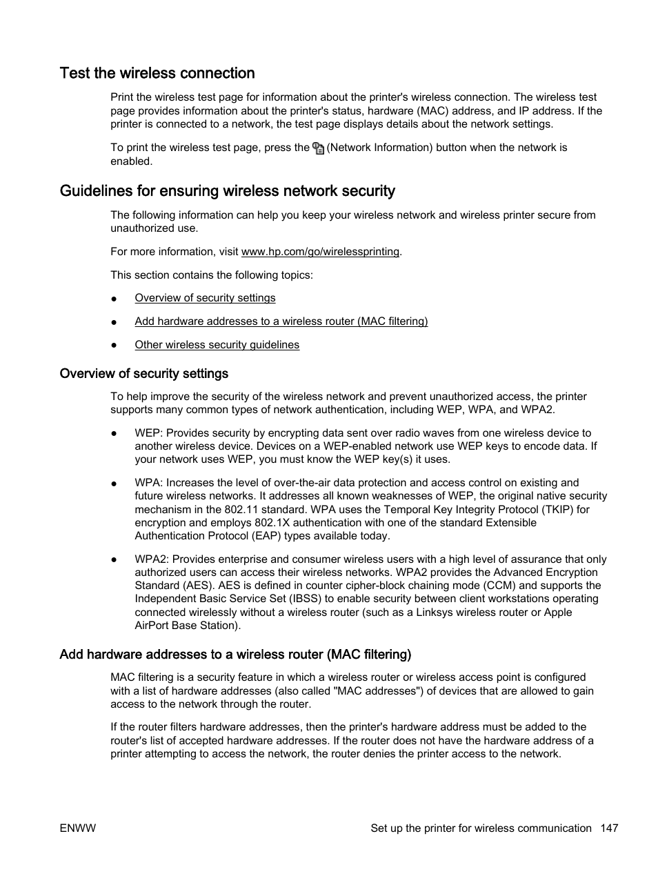 Test the wireless connection, Guidelines for ensuring wireless network security, Overview of security settings | HP Officejet 7110 Wide Format ePrinter - H812a User Manual | Page 160 / 213